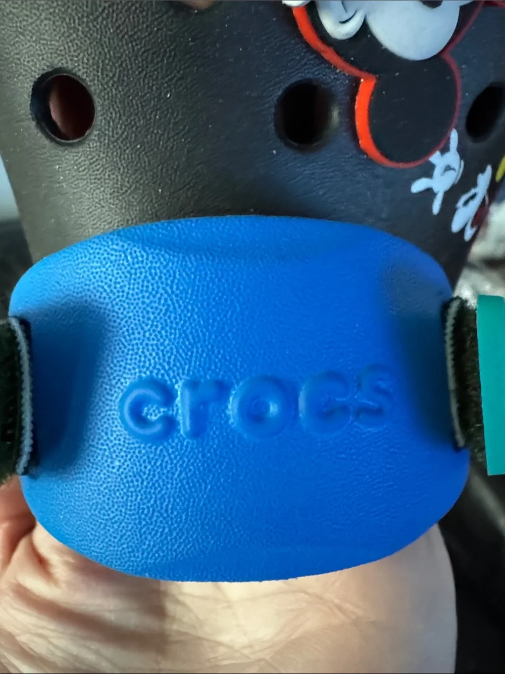 CROCS Adult Sized Black Clogs with Blue Strap and Mickey Mouse